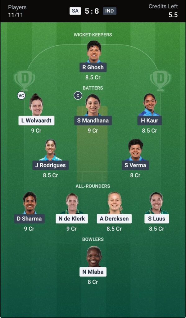 Dream 11 for 1st T20I ind w vs sa w Dream 11 for 1st T20I ind w vs sa w