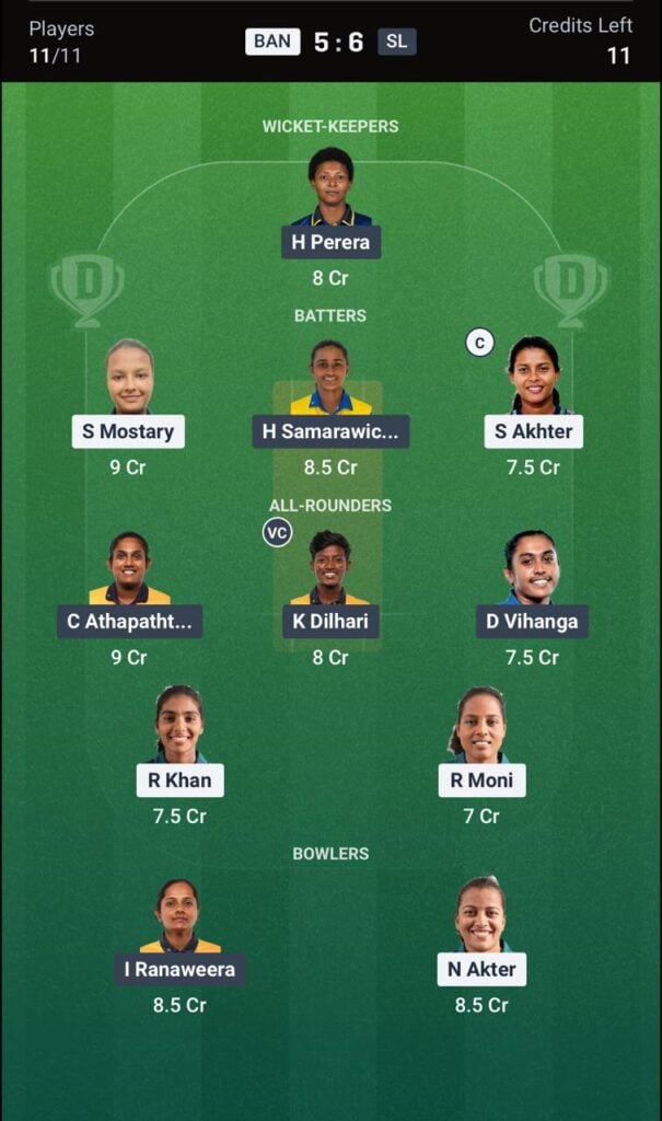 Dream11 for BAN-W vs SL-W 2nd ODI Dream11 for BAN-W vs SL-W 2nd ODI