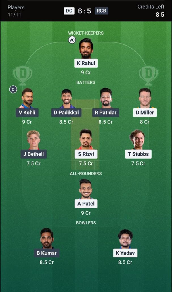 Dream11team for DC vs RCB match on 27 apr 2026 Dream11team for DC vs RCB match on 27 apr 2026