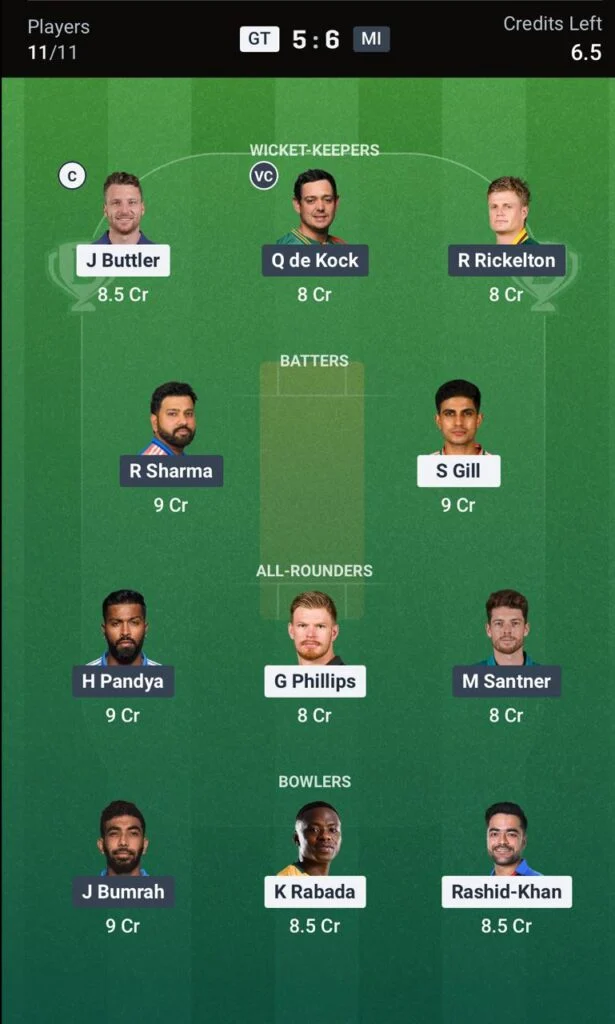 GT vs MI Dream11 GT vs MI Dream11