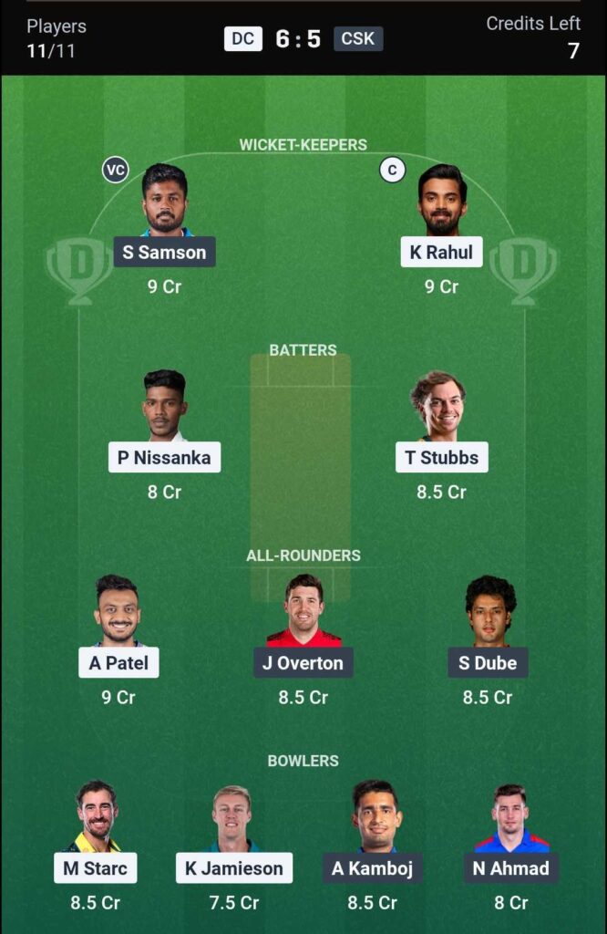 DC vs CSK Dream11 Team DC vs CSK Dream11 Team