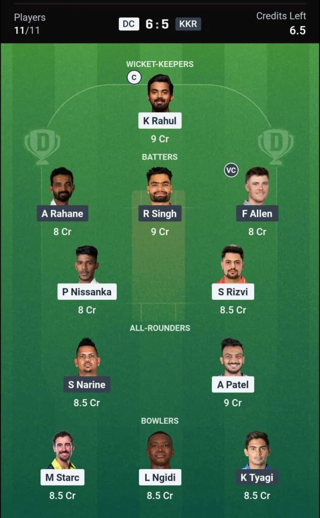 DC vs KKR Dream11 Team DC vs KKR Dream11 Team