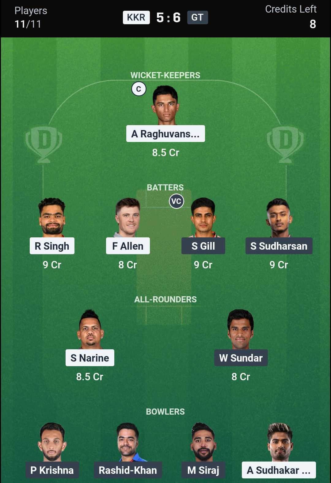 KKR vs GT Dream11 Team KKR vs GT Dream11 Team