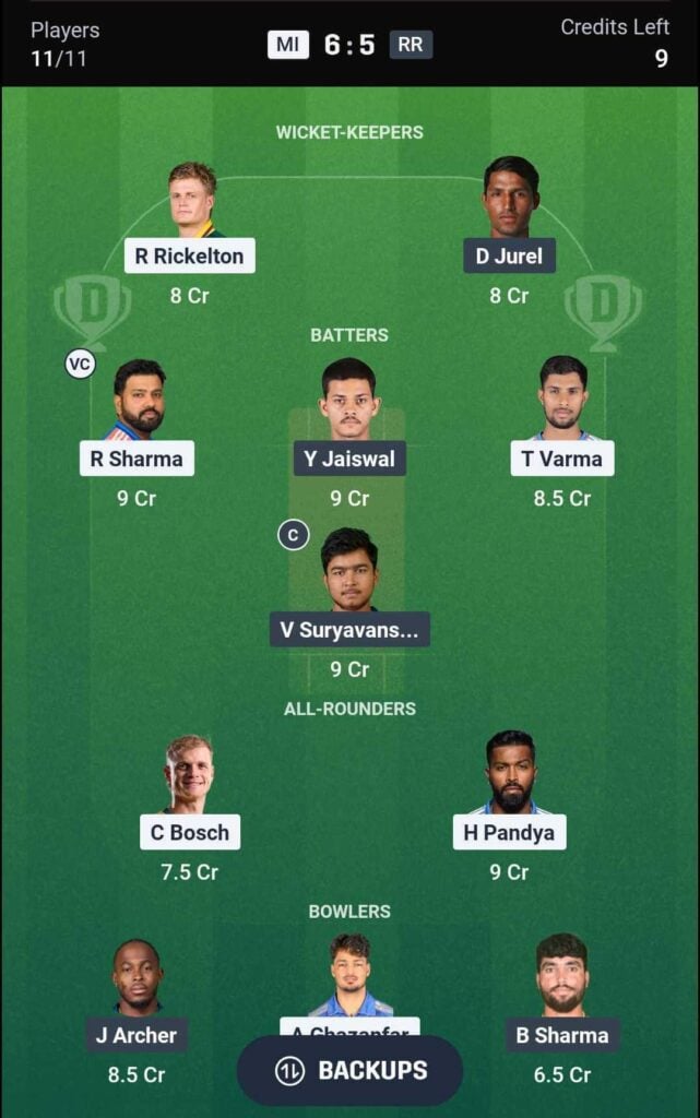 MI vs RR Dream11 Team MI vs RR Dream11 Team