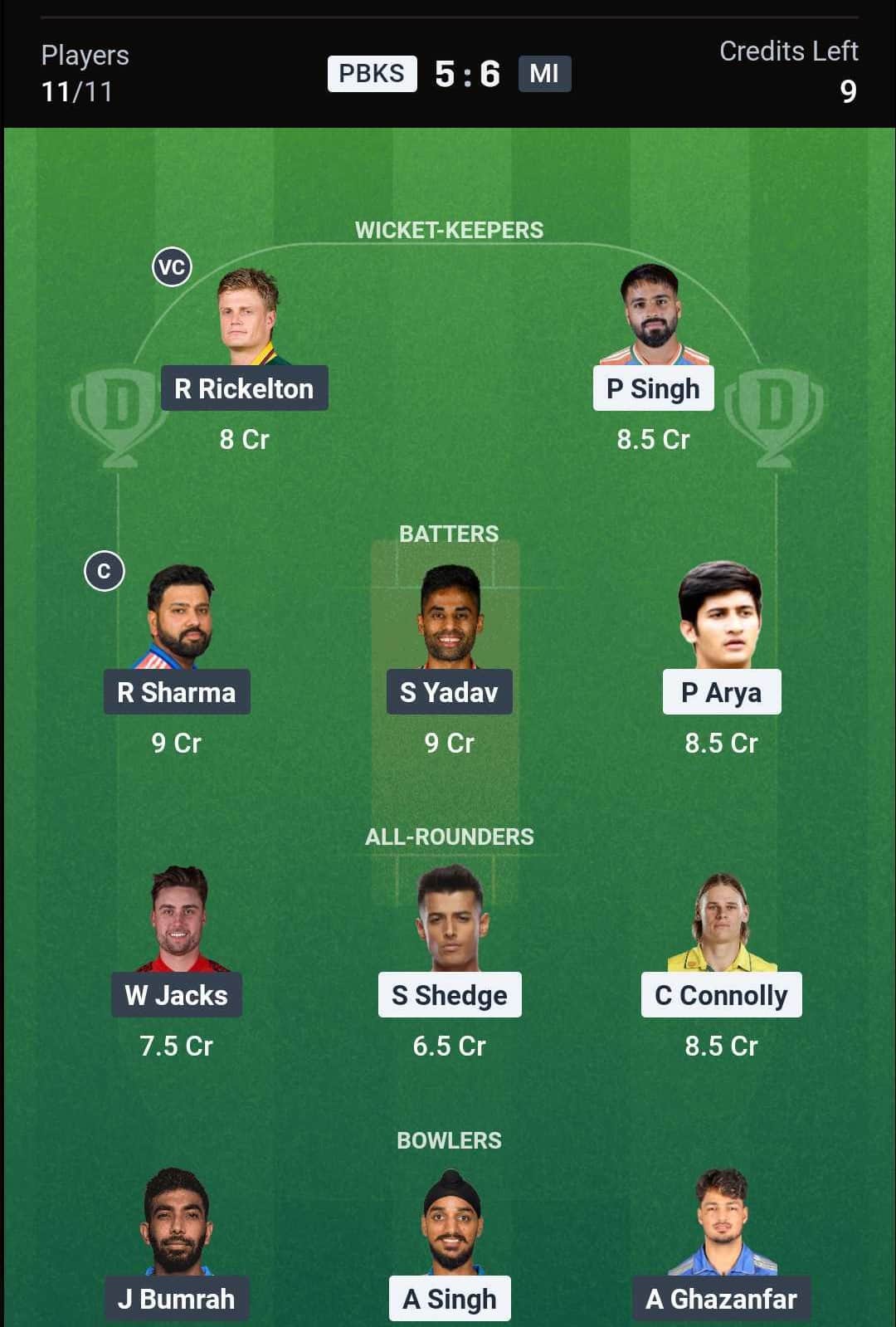 PBKS vs MI Dream11 Team PBKS vs MI Dream11 Team