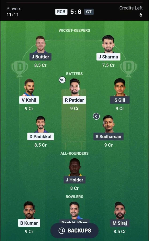 RCB vs GT Dream11 Team RCB vs GT Dream11 Team