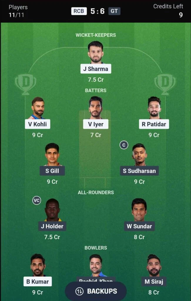 RCB vs GT Dream11 Team RCB vs GT Dream11 Team