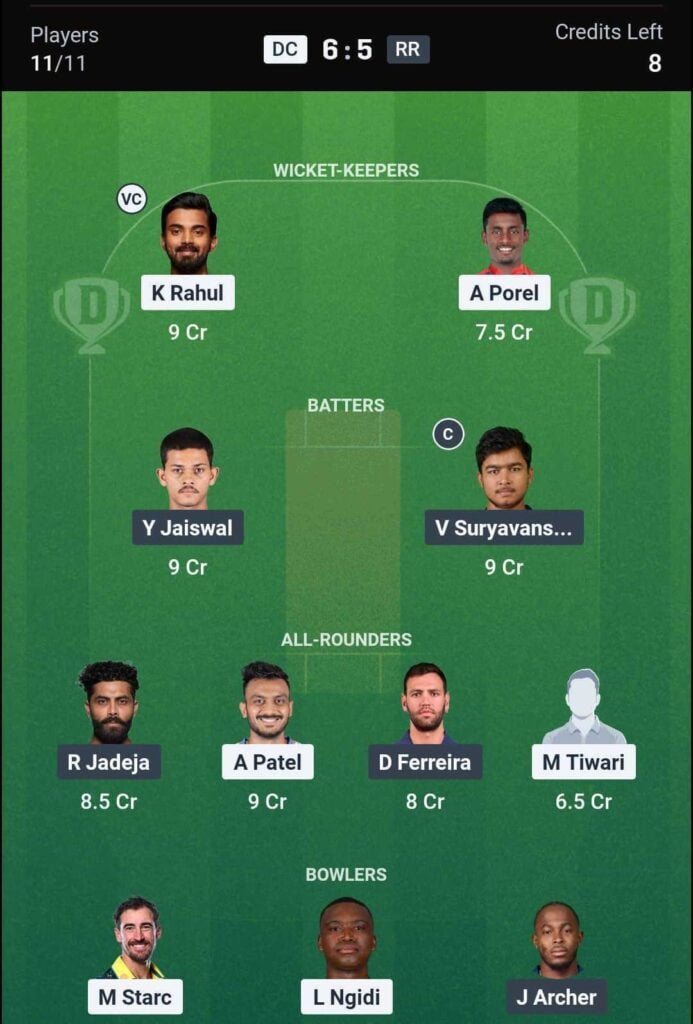 RR vs DC Dream11 Team RR vs DC Dream11 Team
