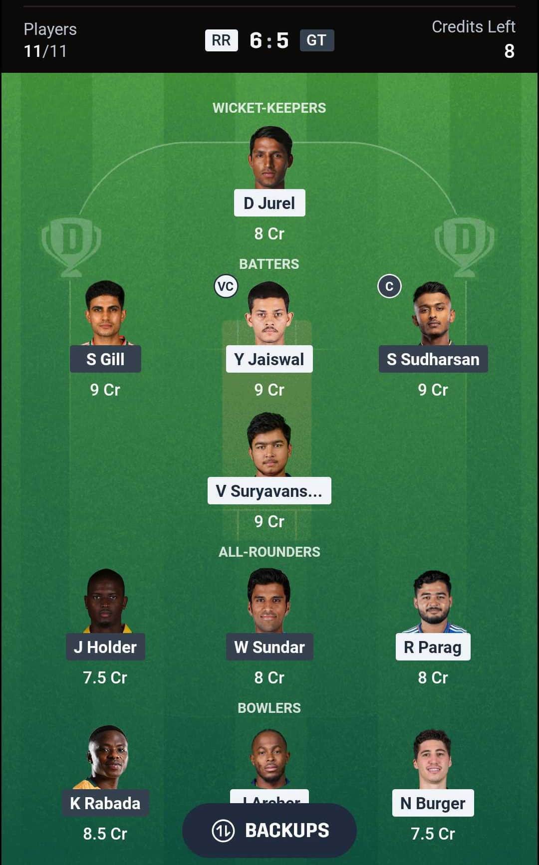 RR vs GT Dream11 Team RR vs GT Dream11 Team