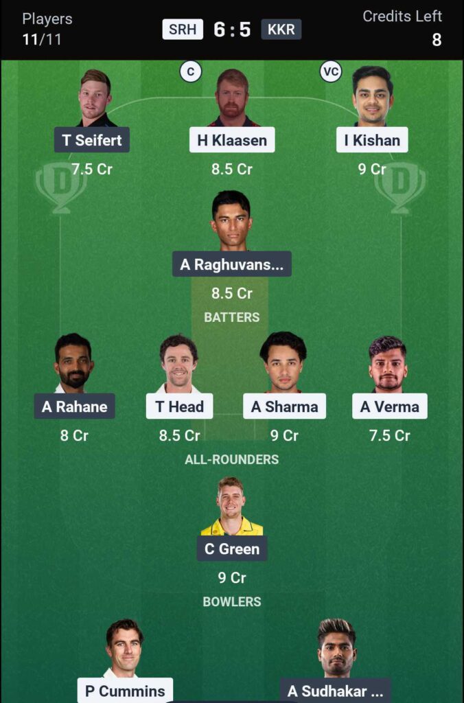 SRH vs KKR Dream11 Team SRH vs KKR Dream11 Team