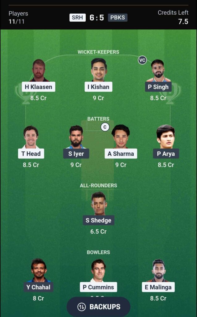 SRH vs PBKS Dream11 Team SRH vs PBKS Dream11 Team