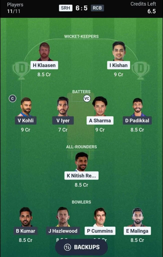 SRH vs RCB Dream11 Team SRH vs RCB Dream11 Team