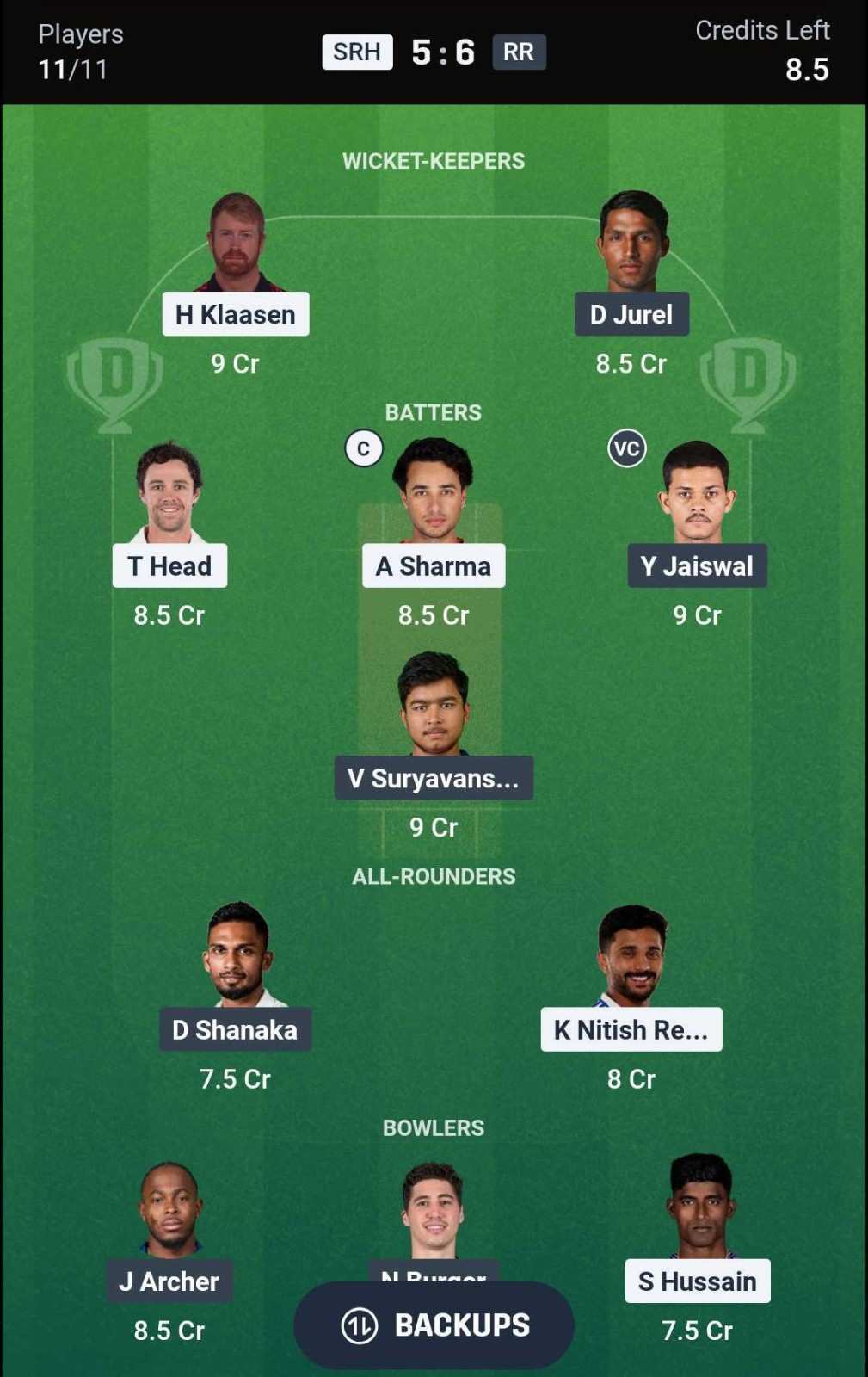 Dream11 Team for SRH vs RR Dream11 Team for SRH vs RR